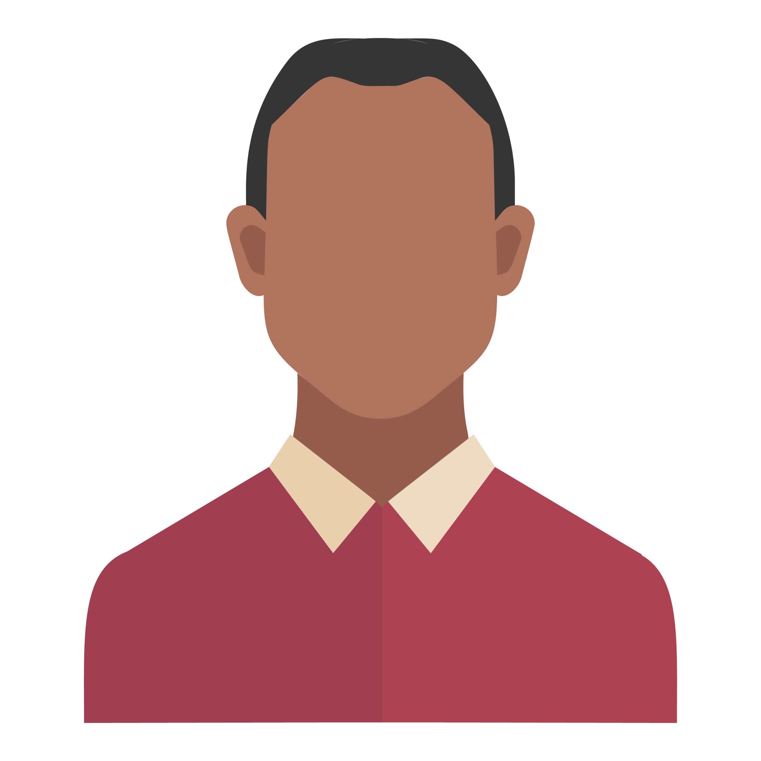 A man wearing a red shirt with a white collar.